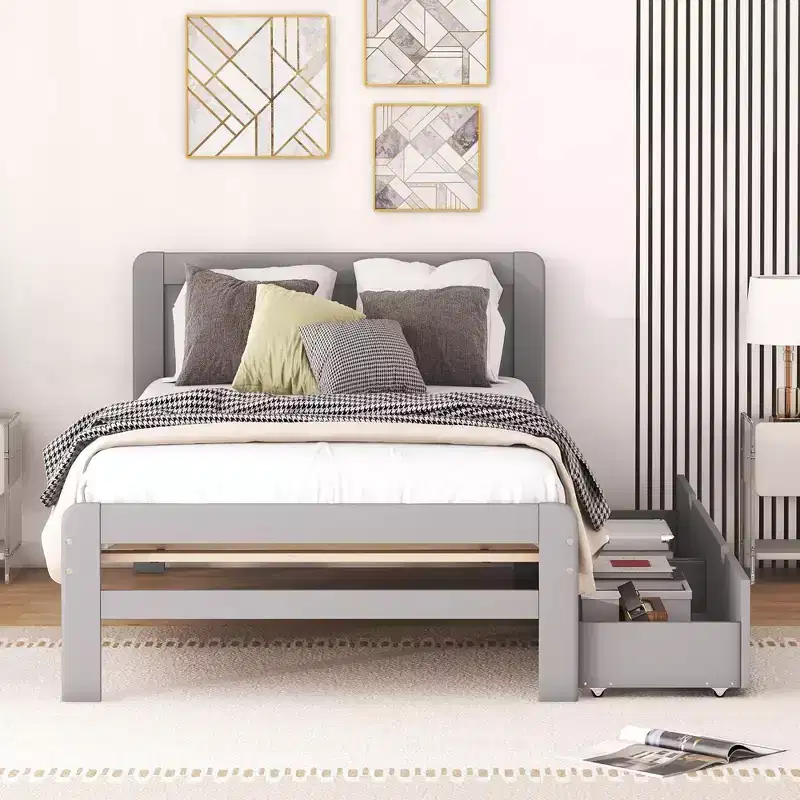 Twin Bed with 2 Trundle Storage Drawers, Platform Bed Frame with Headboard for Bedroom Small Living Space, No Box Spring Needed