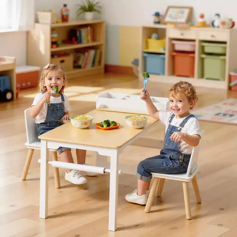 VEVOR Kids Art Table and Chair Set, Toddler Craft Table with 3 Tiers Storage Cabinet, Wooden Kids Activity Play Desk with 2 Chairs, White