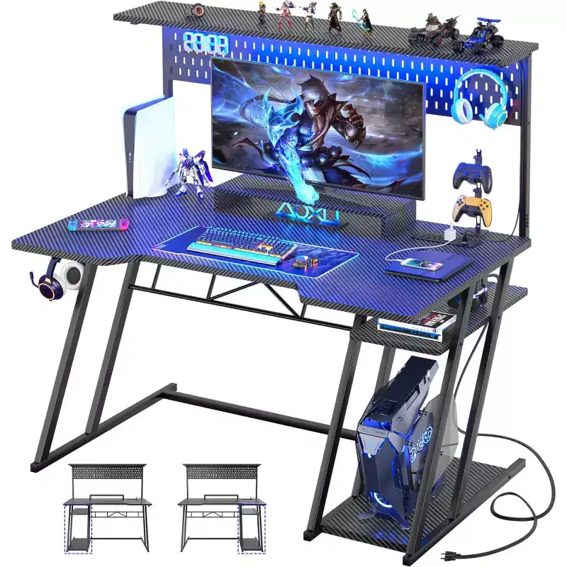 MDF & Metal Gaming Desk with Hutch, Pegboard & RGB Lighting 55''W x 54.33''H