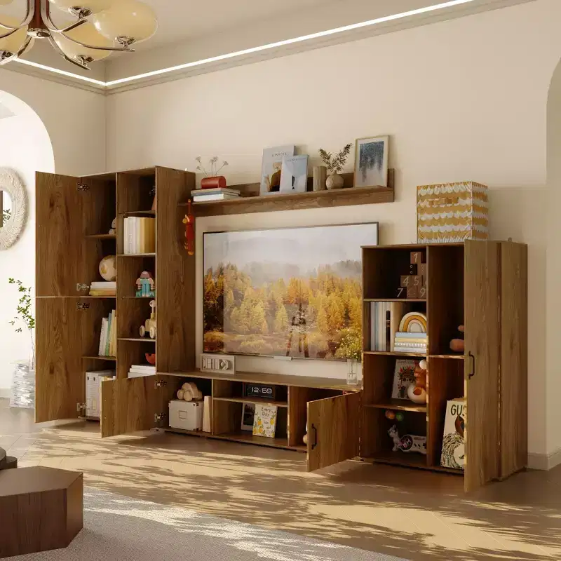 Large Oak Media TV Stand Wall Cabinet System for Living Room with Bookshelves and TV Storage Entertainment Center