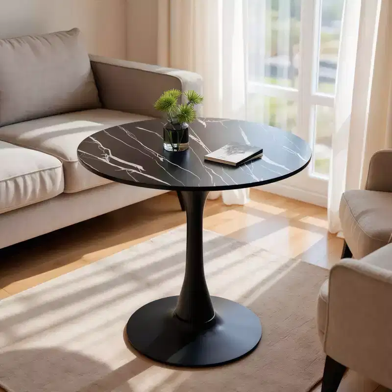 Round Dining Table End Table Modern Kitchen Table MDF Top Steel Base for Living Room Office Marble Black 23.6*19.7*29.1
