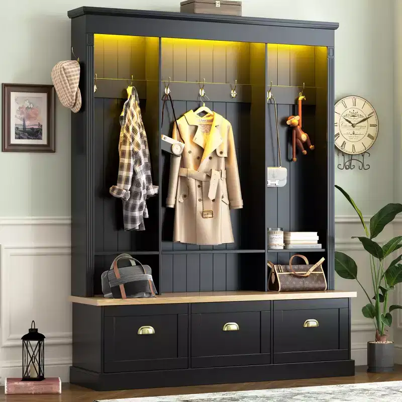 GDFStudio Keith Farmhouse Elegant LED Light Hall Tree with Storage Bench and Cabinets