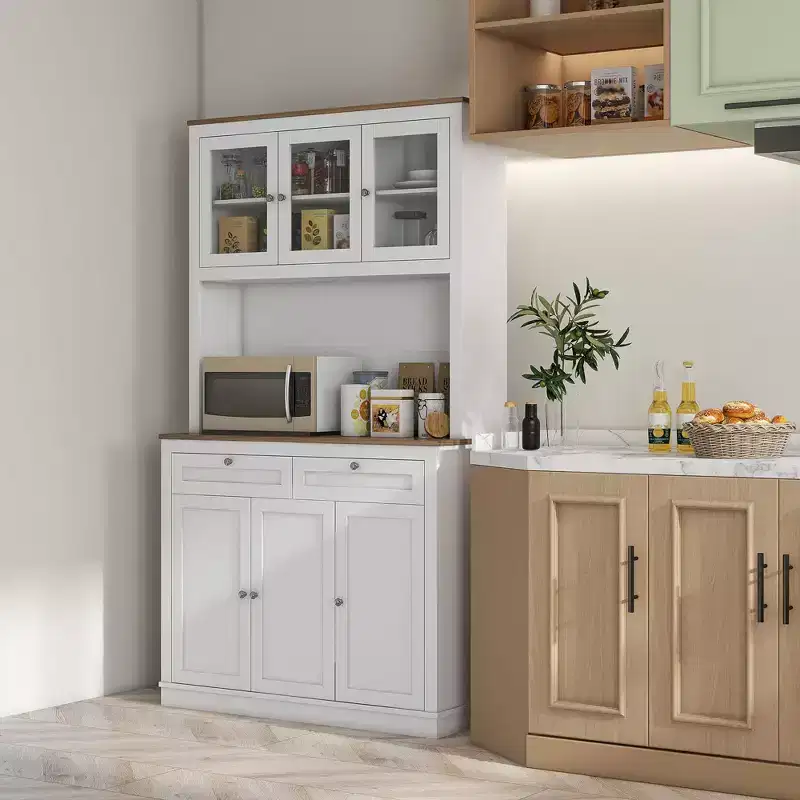 Okak 71in Mordern Pantry Cabinet, Freestanding Tall Cabinet with Hutch, 2 Drawers and 5 Doors, Storage Cabinet for Kitchen, White
