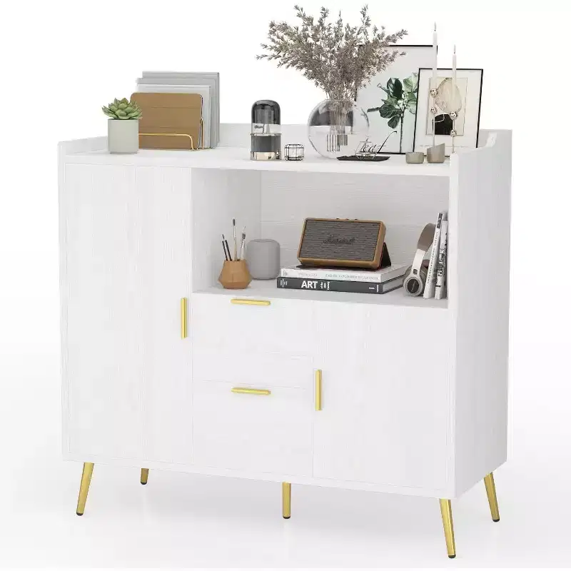 Modern White Storage Cabinet - 2 Drawer & 2 Door Sideboard for Kitchen & Living Room