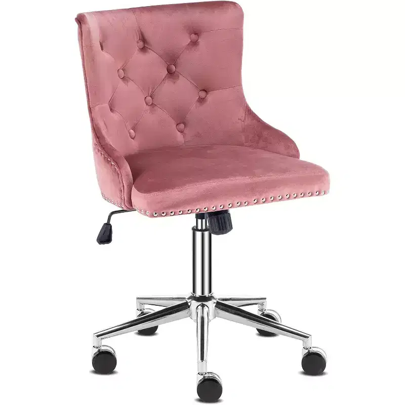 Velvet Upholstered Desk Chair with Adjustable Height, Tilt Function, and Rolling Wheels – Pink