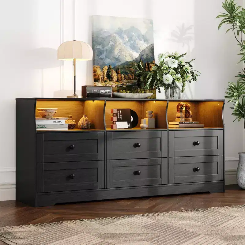 63 Inch 6-Drawer RGB Dresser with Power Outlet & Open Shelves, Wooden TV Stand Cabinet for Living Room/Bedroom, Black