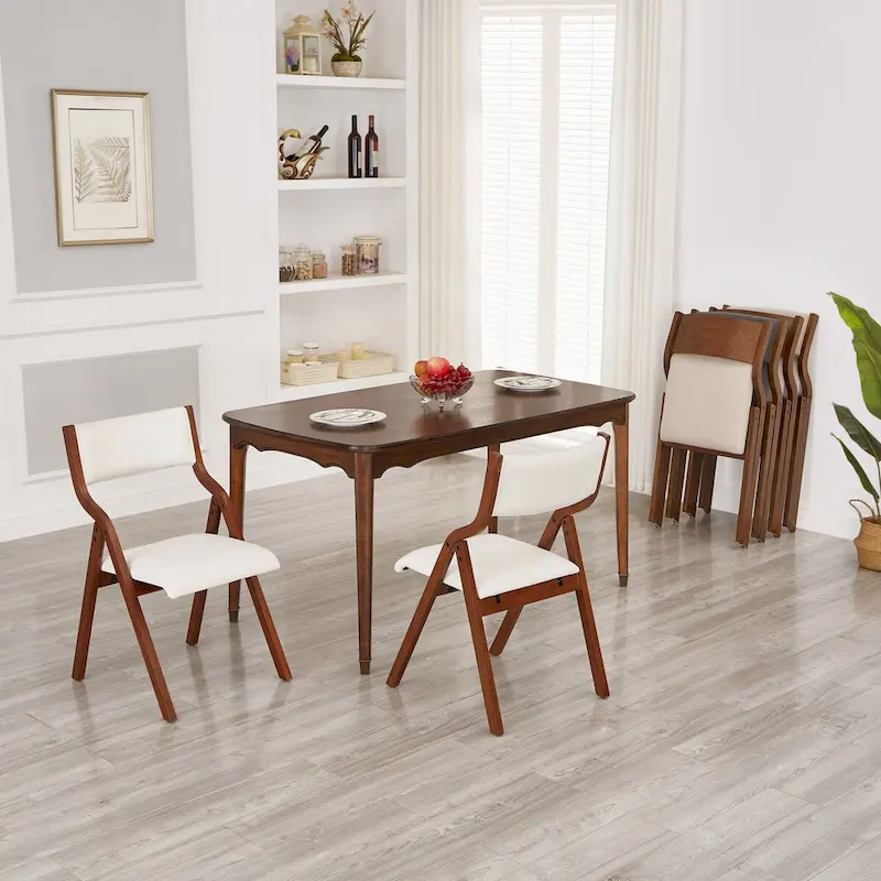 Upholstered Folding Dining Chair, Space Saving, Easy To Carry, Dining Room, 2-Pack-Cream White+Cherry