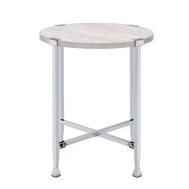 Royal Hampton End Table with X Shaped Metal Base and Round Wooden Top,Silver and Beige