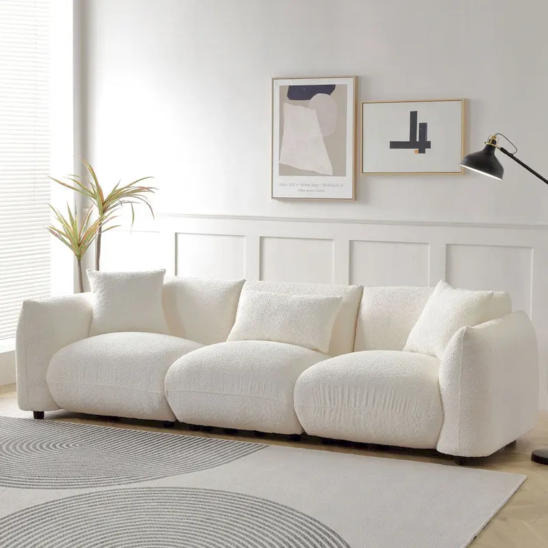 Upholstered Comfortable Soft Lamb Down White Sectional Sofa Couch with Ottoman