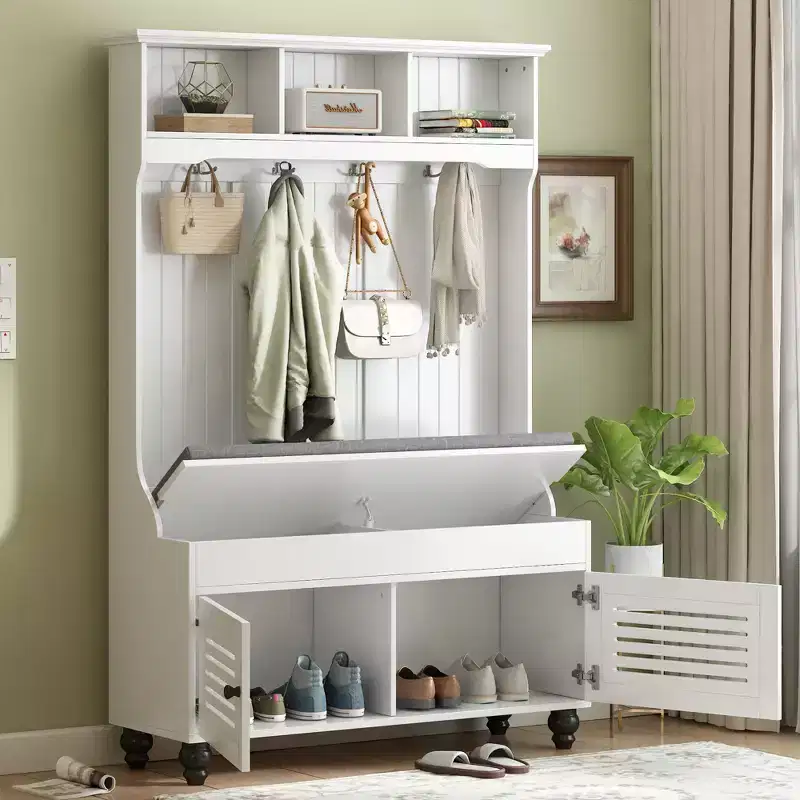 Okak 5-IN-1 Hall Tree with Shutter-Shaped Doors, Freestanding Coat Rack with Cushion and 4 Sturdy Hooks, Wide Coat Stand for Hallway, White