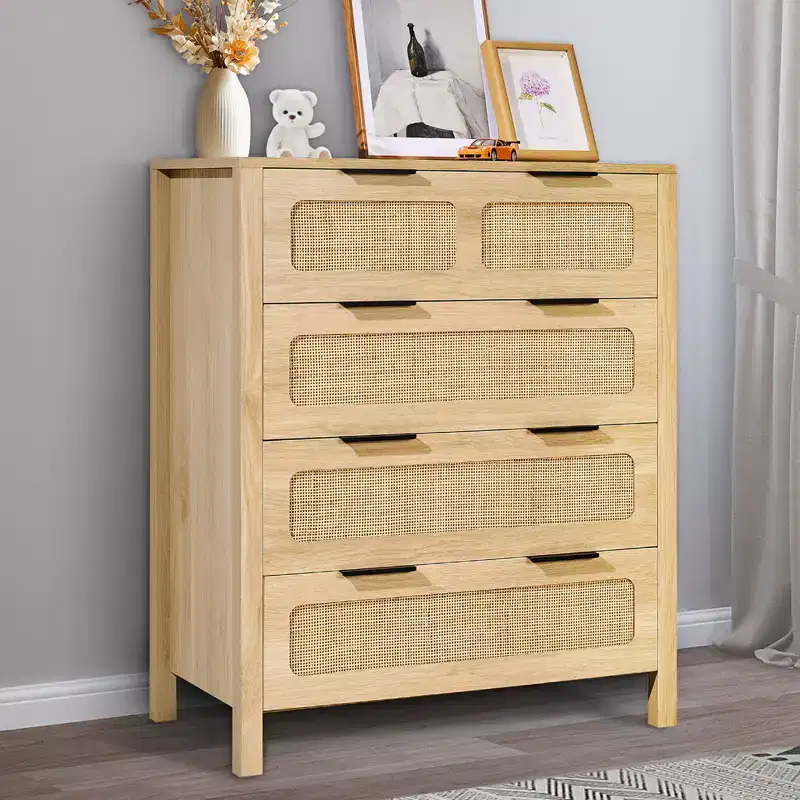 4 Drawer Rattan Dresser, Boho Dresser, Rattan Chest of Drawers with Spacious Storage, Natural Rattan Dresser, Wood Color