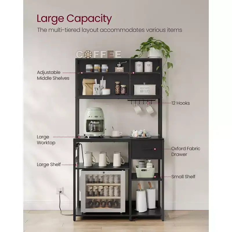 VASAGLE Bakers Rack with Charging Station, Coffee Bar Stand with Adjustable Storage Shelves, Fabric Drawer, 12 Hooks, Table