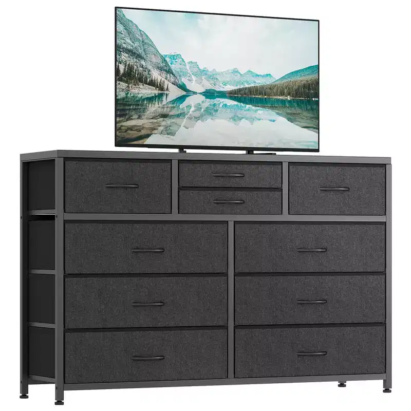 45 Modern 10-Drawer Dresser & TV Stand with Wood Top, Metal Frame and Fabric Drawers for Bedroom, Living Room and Closet Organization