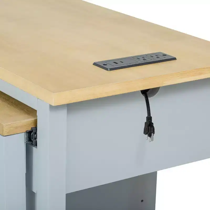 47 Kitchen Island with Extendable Dining Table Rubber Wood Veneer Kitchen Table with Storage Rack & Power Outlet & 2 Drawers 2 Cabinet Blue