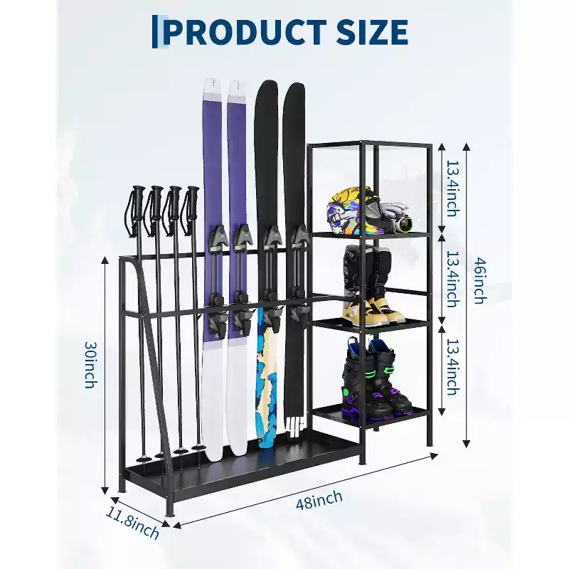 Ski Storage Rack, 48 x 12 x 46, Heavy Duty Freestanding Steel Ski Organizer for 4-Pair Skis, Snowboard, Boots, Poles, Helmet & Goggles