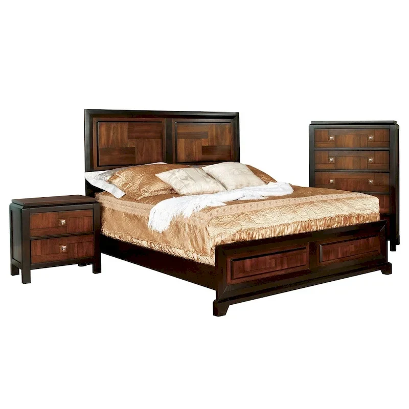 3-Piece Rustic Walnut Solid Wood Bedroom Set, Bed + Dresser + Nightstand, Farmhouse Style