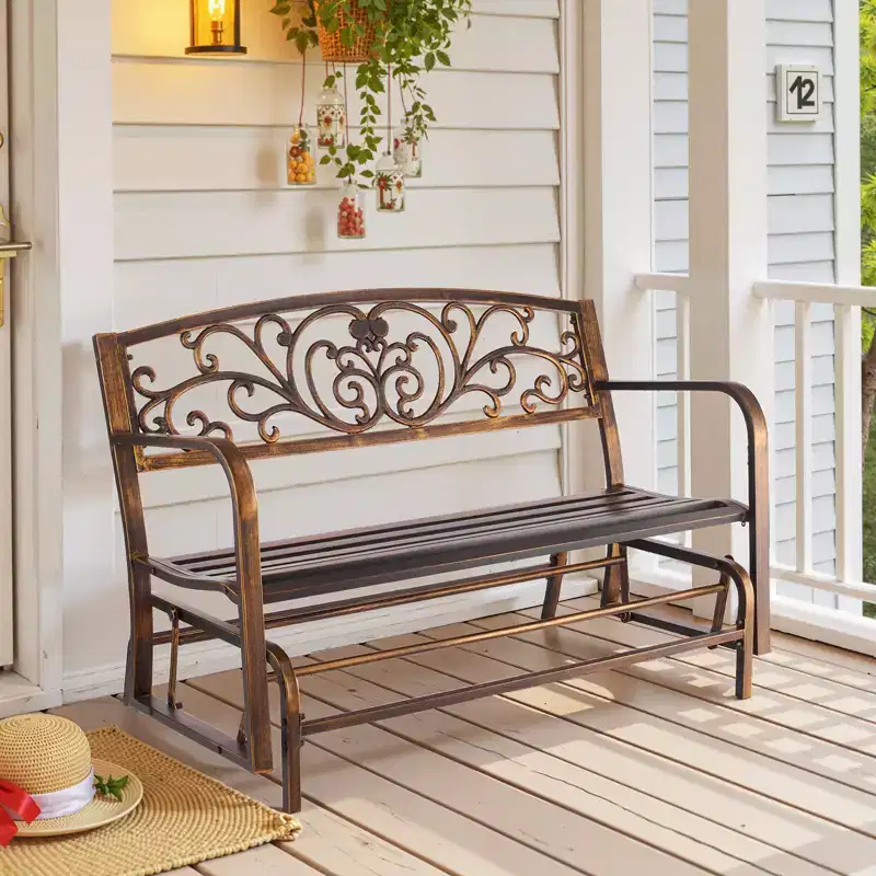 VEVOR Outdoor Bench, 50 inch, Carbon Steel Metal Frame with Cast Iron Backrest and Round Edge Armrests, Weatherproof Outside Glider Bench, Brown
