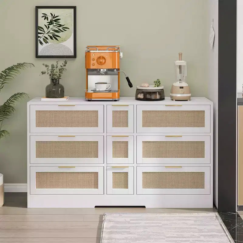 MAYEERTY 51.2 Rattan Storage with 9 Drawers Metal Handles for Kitchen Living Room Bedroom White