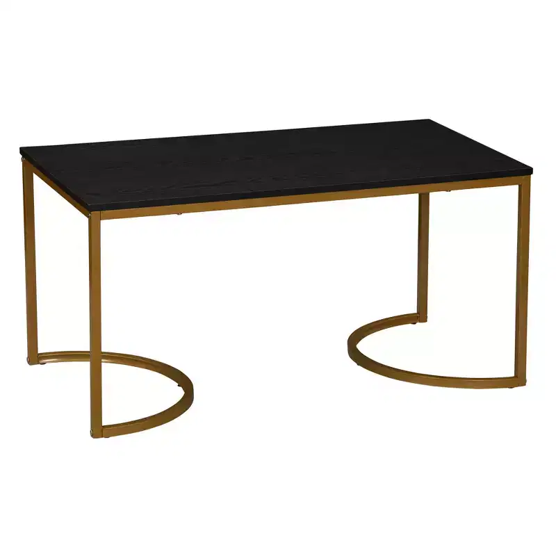 Half Moon Rectangular Coffee Table Black Oak Wood Grain and Gold Metal