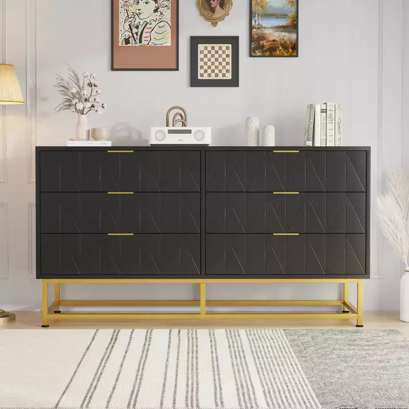 Modern Narrow 6 Drawer Fabric Dresser with Gold Handle for Bedroom, Closet & Living Room