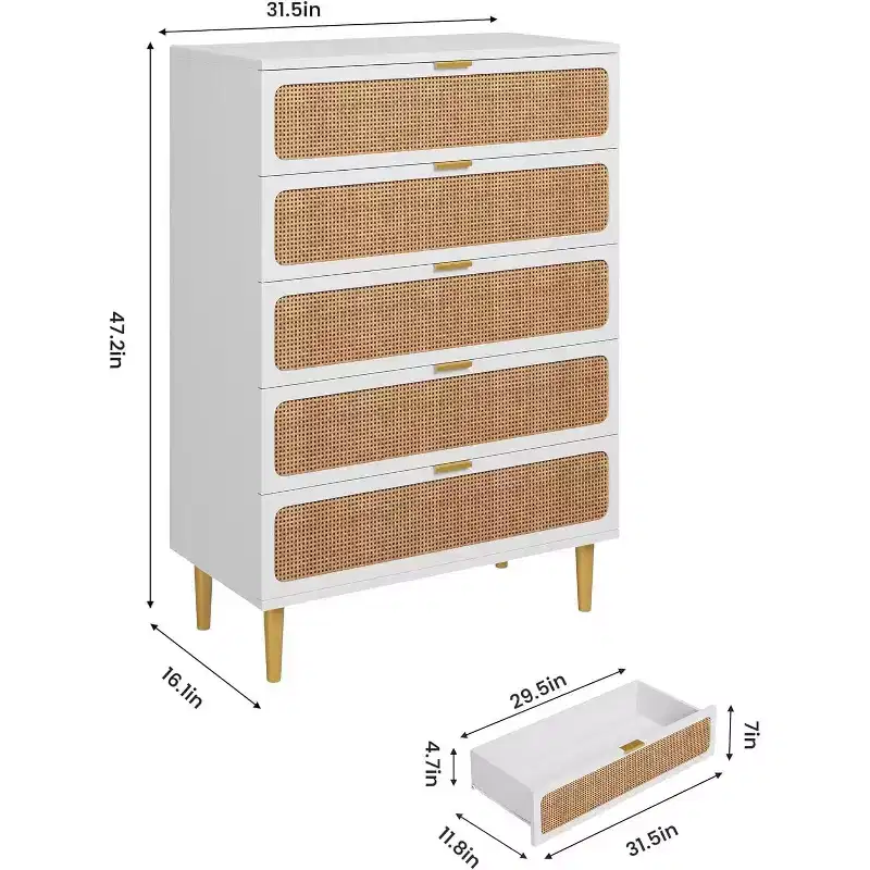 Rattan 5 Drawer Dresser for Bedroom, Chest of Drawers with Deep Drawers, Large Double Dresser for Closet with Wide Top, Tall Wooden Dresser for Living