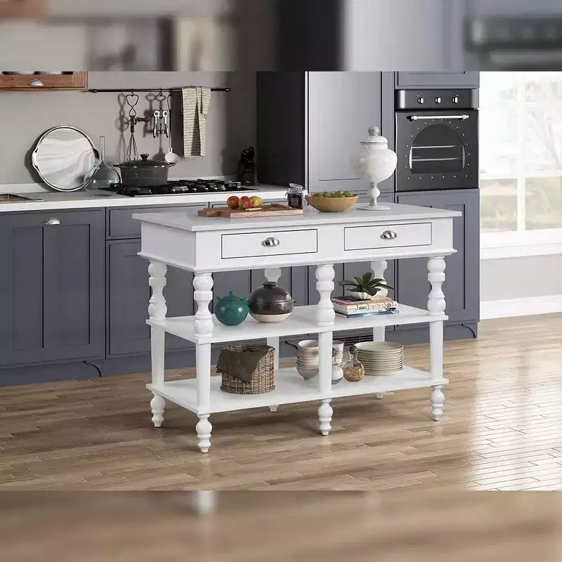 Kitchen Island with Marble Top & White Finish, 2 Open Shelves, 48