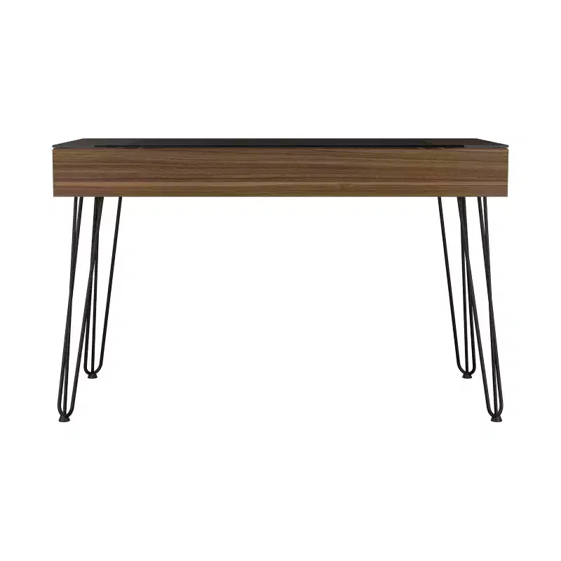 Black Glass Top Industrial Writing Desk with Hairpin Legs, 1-Person