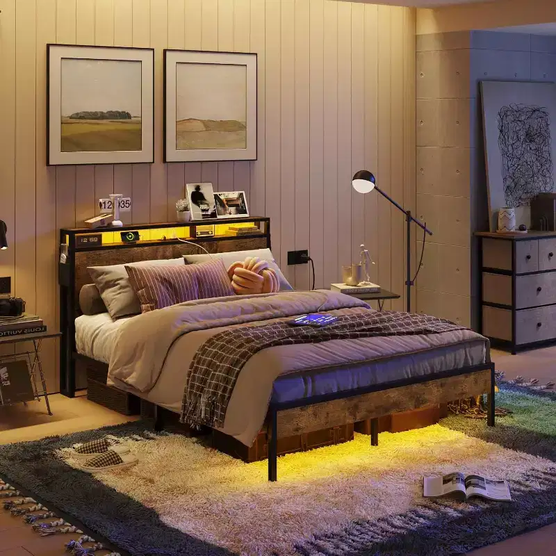 Bestier Full Size Bed Frame Led Platform Bed with Storage Headboard Charging Station