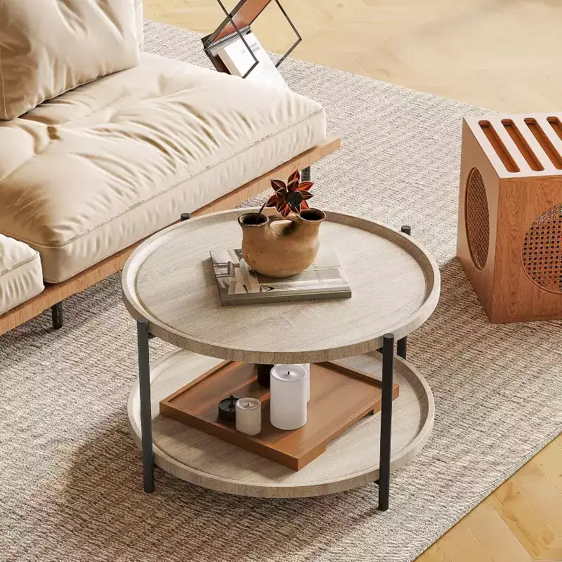 Round Coffee Table, 2 Tier Wooden Round Coffee Table, Rustic Wood Desktop, Circle Cocktail Tables with Storage Shelf for Living Room, Apartment