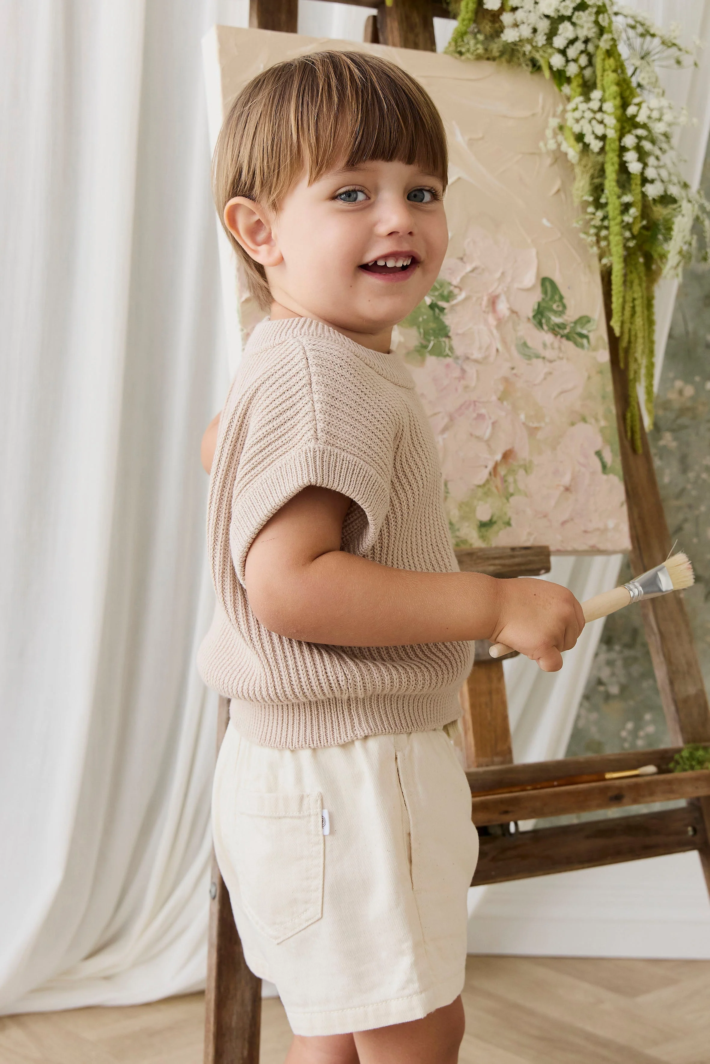 Casual Natural Cream Solid Textured Cotton Short with Elastic Waistband & Decorative Drawcord for Kids Warm Weather Play