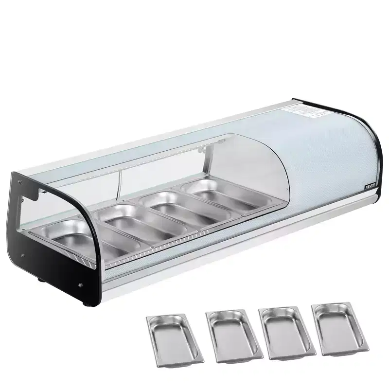 VEVOR Sushi Display Case Refrigerator, 1.5 Cu.ft Commercial Sushi Case, 4-Pan Countertop Showcase with Curved Glass, LED Lighting, Black+Silver