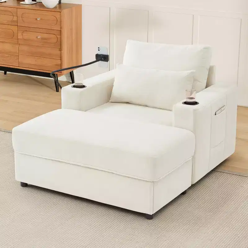 Merax Modern Chenille Armchair Chaise Lounge with Movable Storage Ottoman
