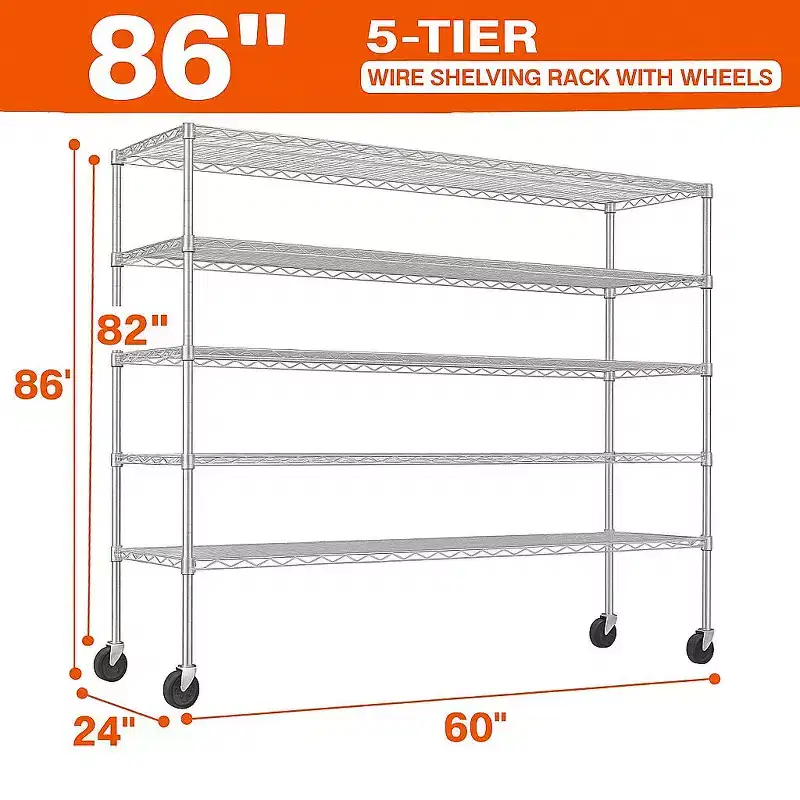 5-Tier Heavy Duty Metal Storage Rack 60W x 24D x 82H, 3000LBS Adjustable Wire Metal Shelves for Storage, Free Standing Storage Shelf Units