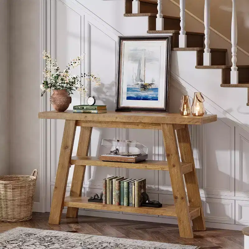 47.24-Inch Solid Wood Console Table, 3-Tier Farmhouse Entryway Table with Shelves, Narrow Accent Table for Living Room, Hallway
