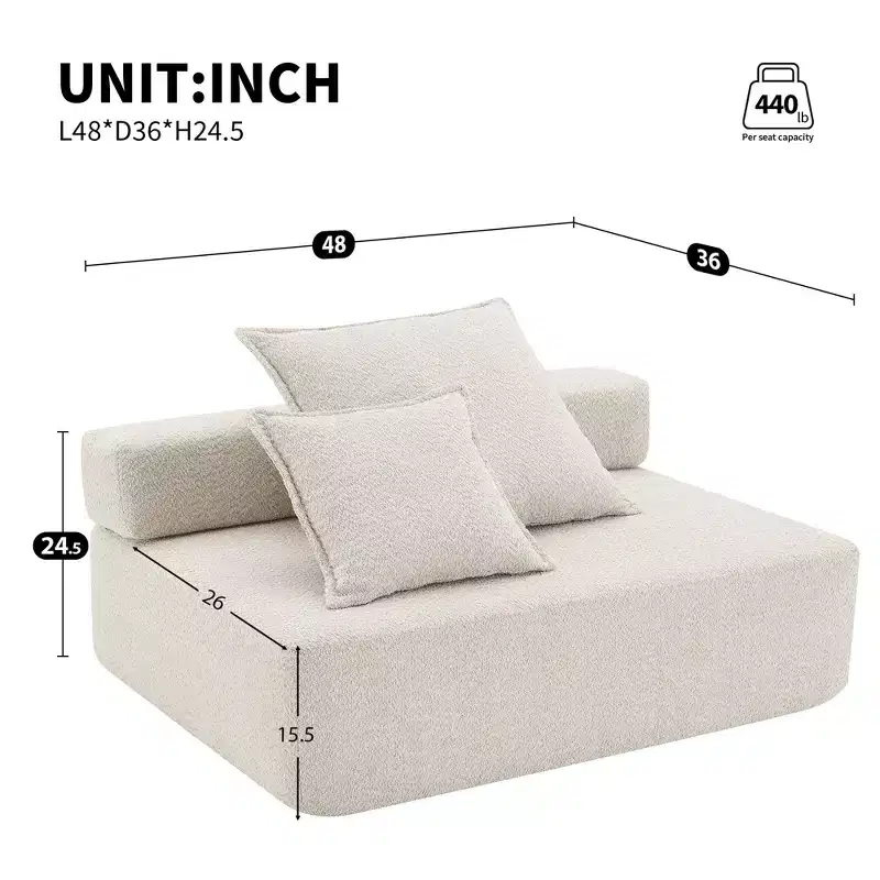 Oversized Modular Boucle Corner Sofa Seat, Foam-Filled Floor Couch with 2 Pillows, Convertible Sectional, 1 Seat, Beige