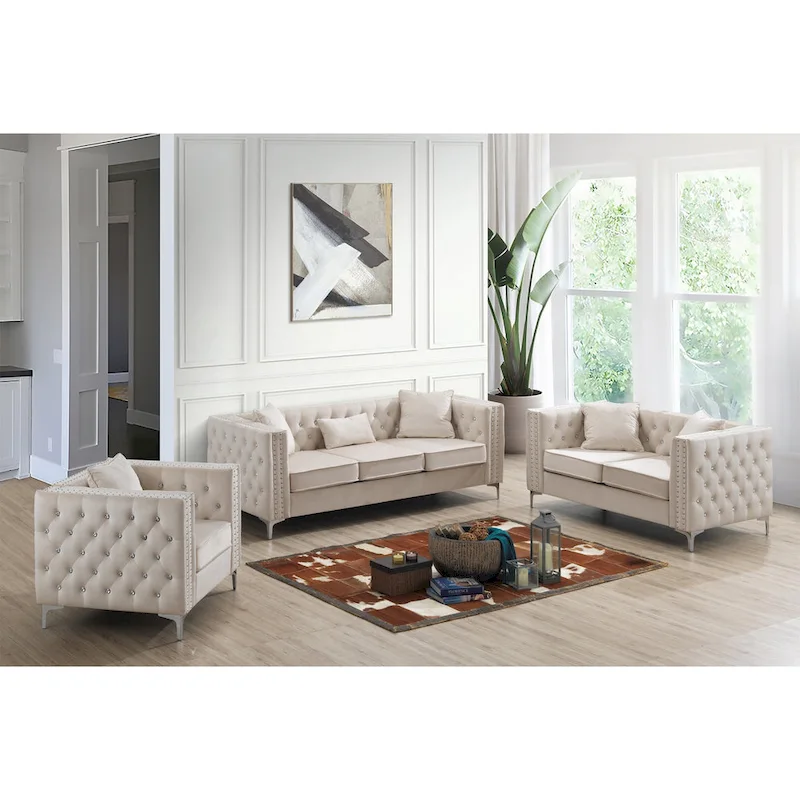 Paige 86 in. Tufted Velvet 3-Seater Sofa with 2-Throw Pillow - 86L x 34W x 30H