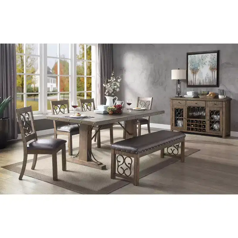 56" Raphaela Ottomans and Benches Black Synthetic Leather and Weathered Cherry Finish: Nailhead Trim, Metal Legs