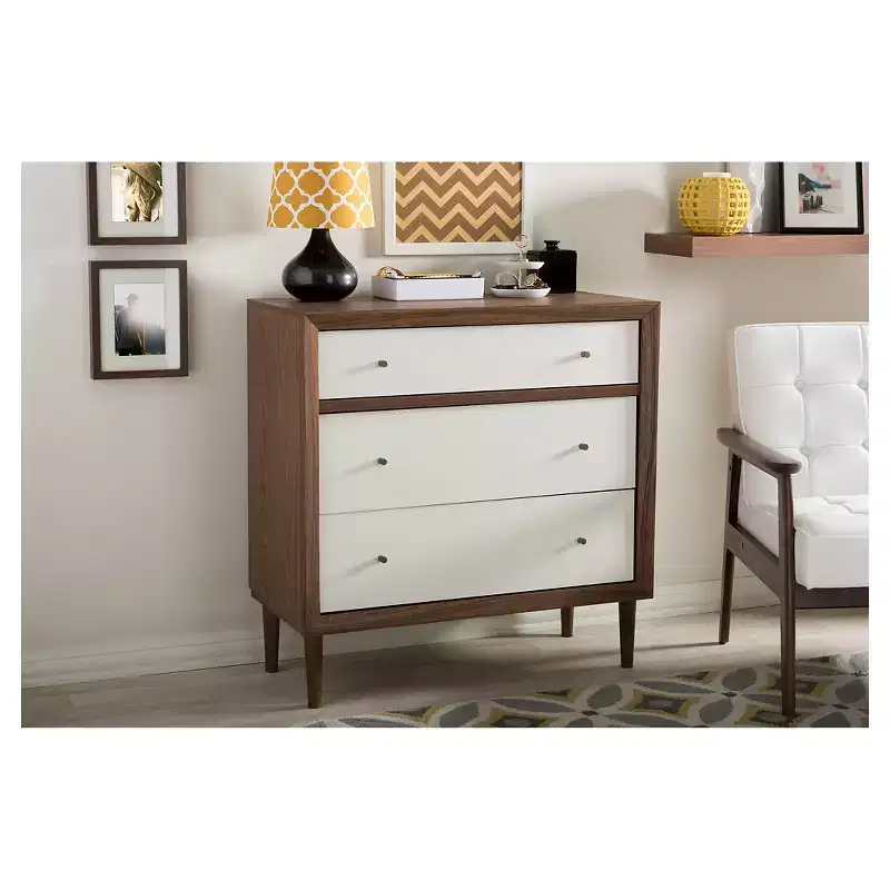 Baxton Studio Harlow Mid-Century Modern Scandinavian Style Wood 3 Drawer Chest White/Walnut : Rubberwood Frame, Spot Clean