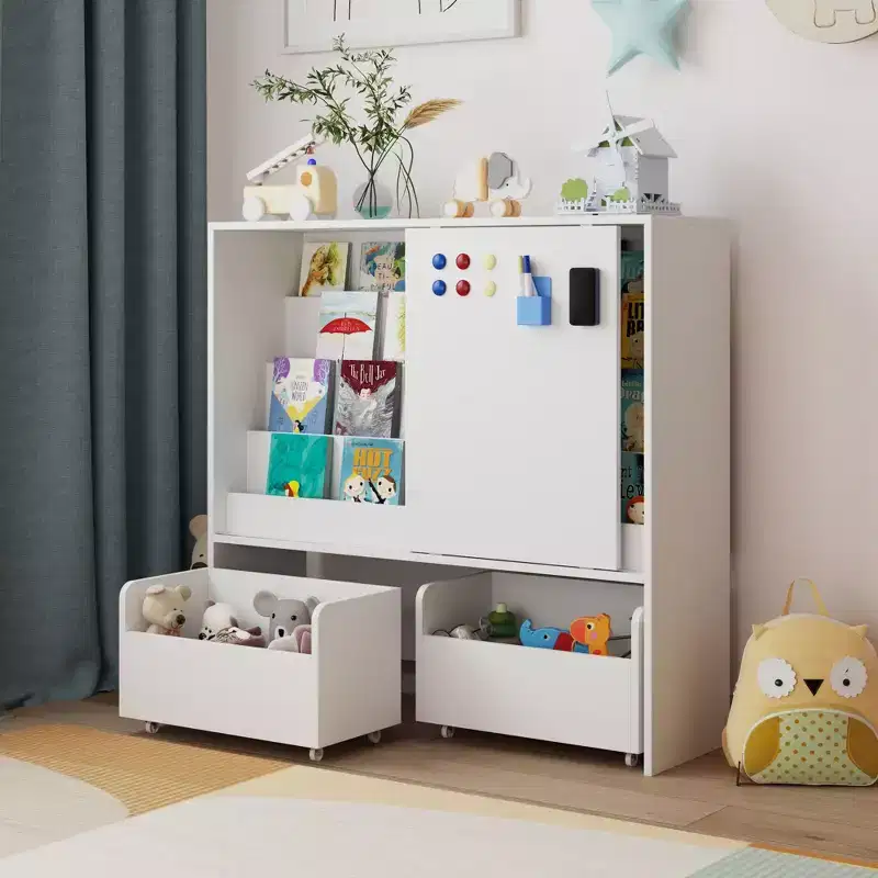 Famapy White Kids Storage Bookshelf Toy Storage Cabinet Sliding Door + Rolling Bins + Multi-Tier Shelves