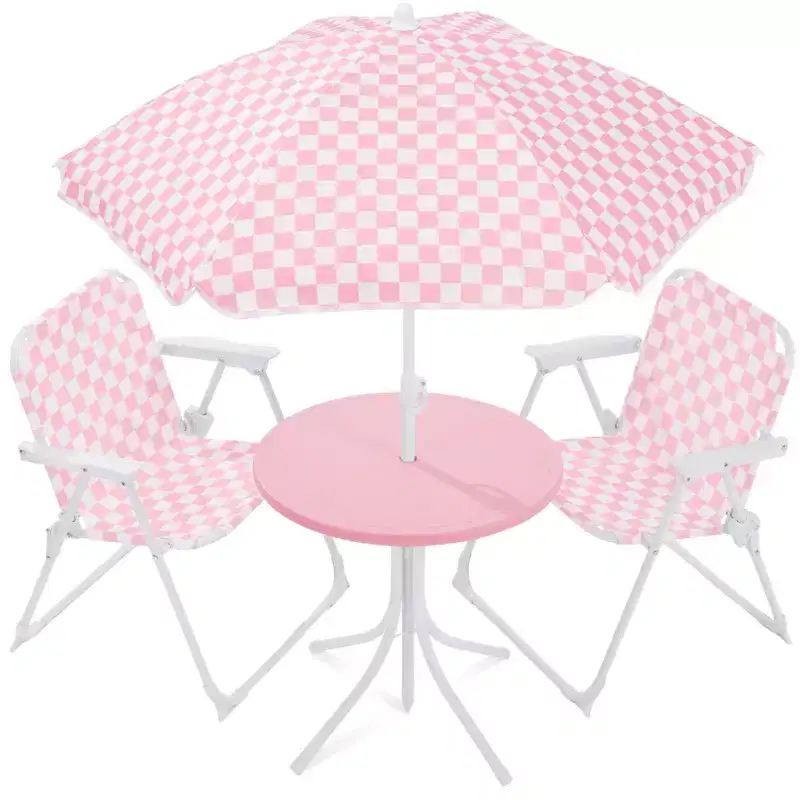 Best Choice Products Kids Outdoor Table and Chair Set with Umbrella, 3-Piece Foldable Toddler Picnic Set Ages 2-5 - Pink