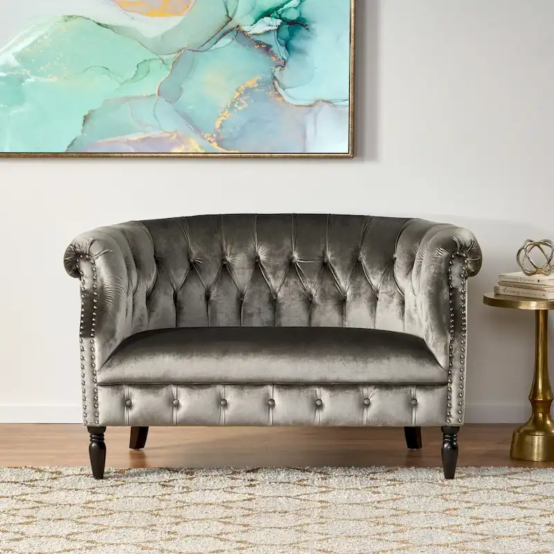 Velvet Tufted Scroll Arm Loveseat