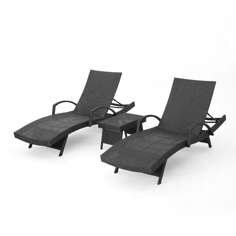 GDFStudio Soleil Outdoor Wicker 3 Piece Adjustable Armed Adjustable Chaise Lounge Chat Set