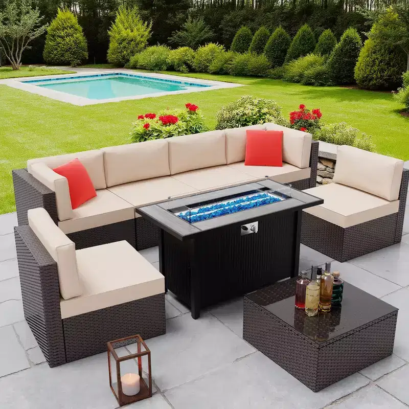 Celebalcony 8 Piece Patio Furniture Sets with 45In Fire Pit Table.PE Wicker Rattan Outdoor Sectional Sofa Couch Conversation Set w/Red Pillow