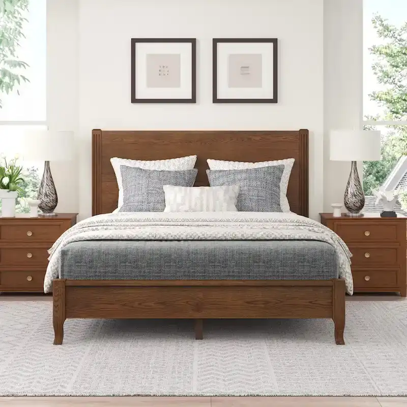 Solid Wood Panel Platform Bed with Headboard, Double Size Beds Wooden Rustic Bed Frame Bedroom Furniture