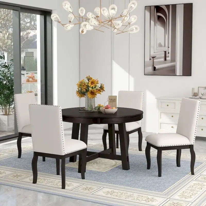 5-Piece Farmhouse Dining Table Set Wood Round Extendable Dining Table and 4 Upholstered Dining Chairs
