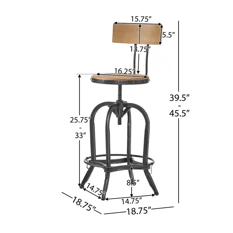 Barstool With Adjustable Height, Fir Wood Seat, Metal Frame