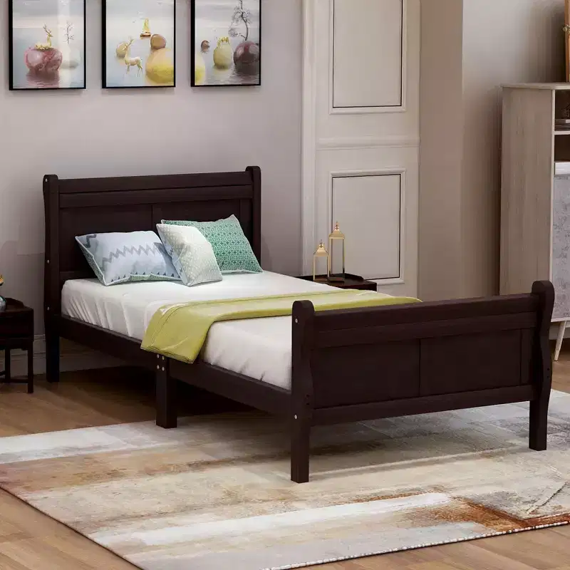 Wood Platform Bed Twin Bed Frame Mattress Foundation Sleigh Bed with Headboard Footboard and Wood Slat Support