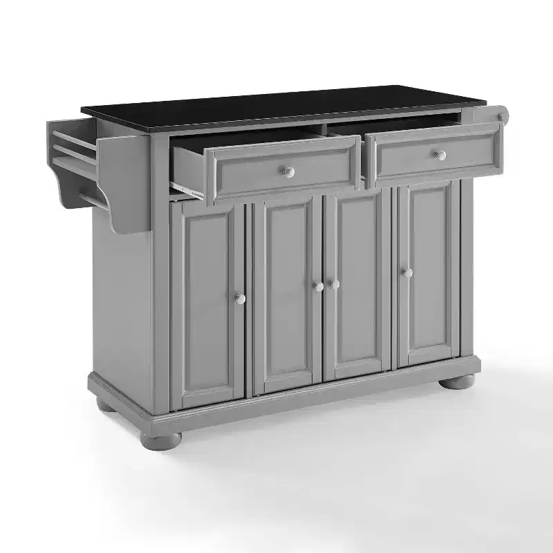 Kitchen Island with Granite Top, 4 Doors, 2 Drawers & Casters - Vintage Gray & Black