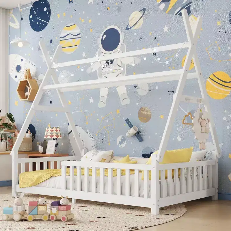 TUYOHW Twin Size Toddler Floor Bed with Fence and Roof for Kids,Modern House Montessori Bed with Light for Bedroom