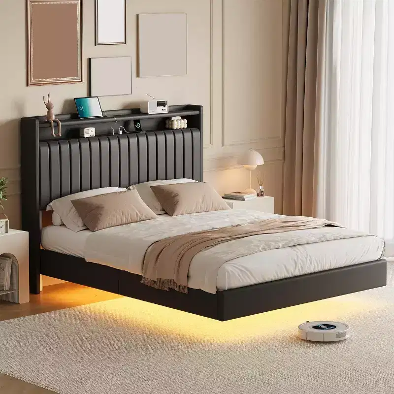 Full Floating Bed Frame with USB Charging Station, Upholstered Platform Bed with Headboard Storage and Soft LED Lighting
